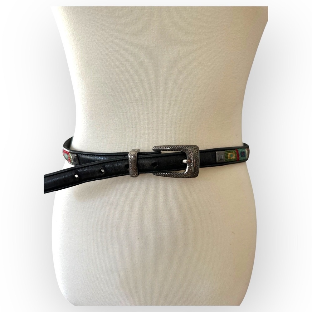 BRIGHTON Vintage Black Multi-Color Beaded Southwestern Engraved Buckle Belt 32